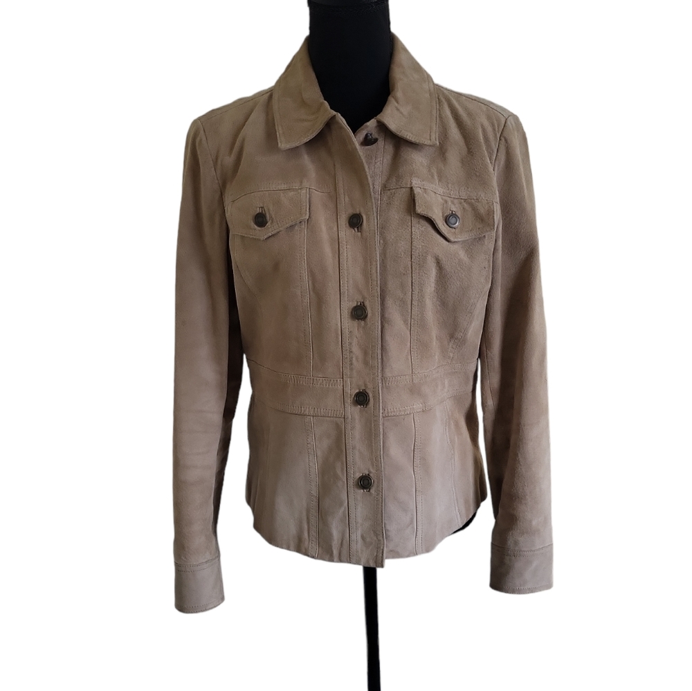 EUC Vintage leather Madison & Max women's button down jacket coat top, S, tan